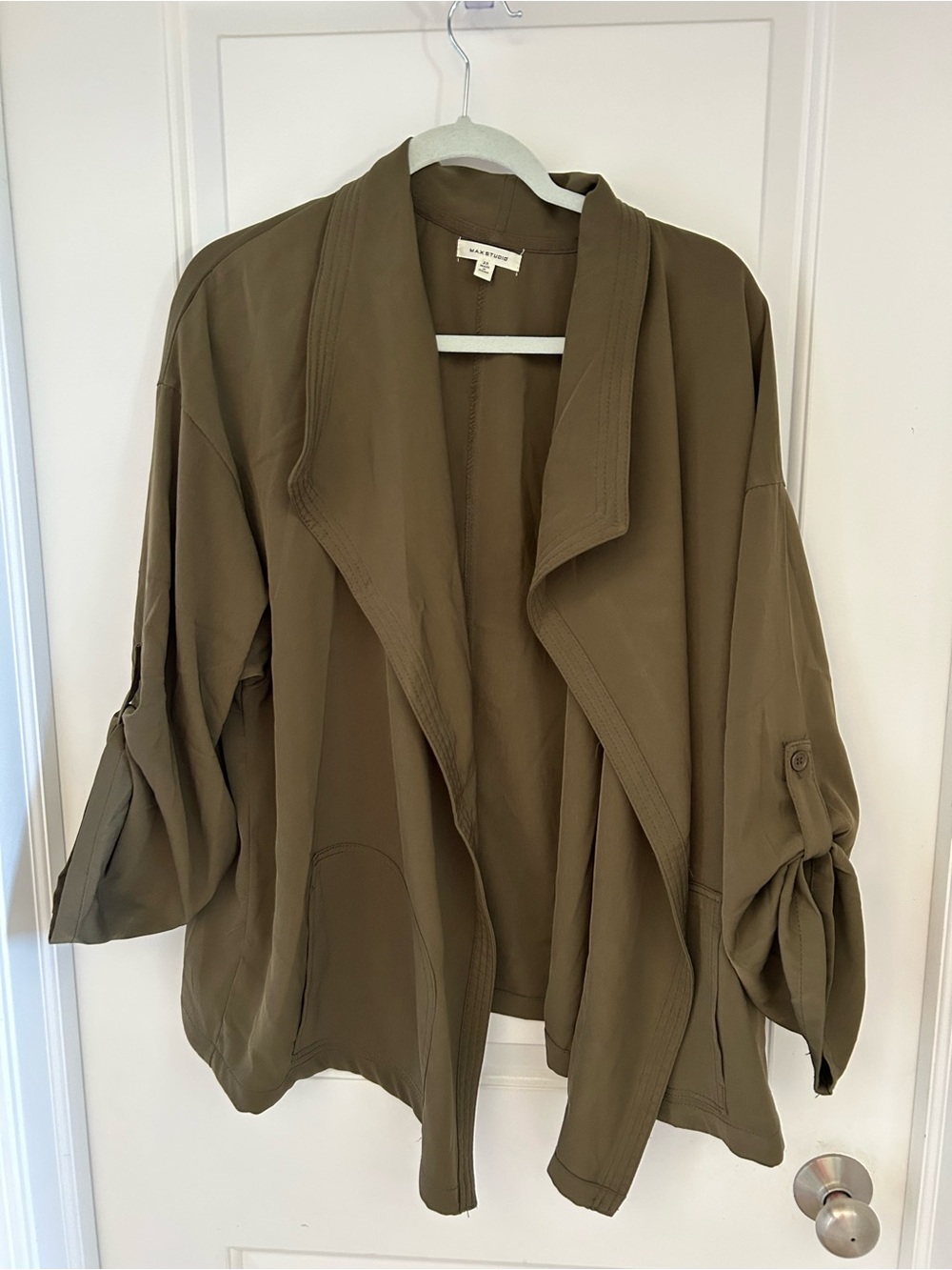 Max Studio Olive Draped Open Trench Jacket